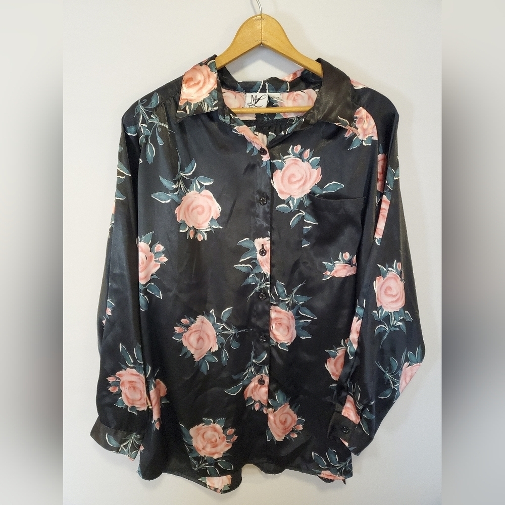 Black Floral Button Down Pajama Shirt